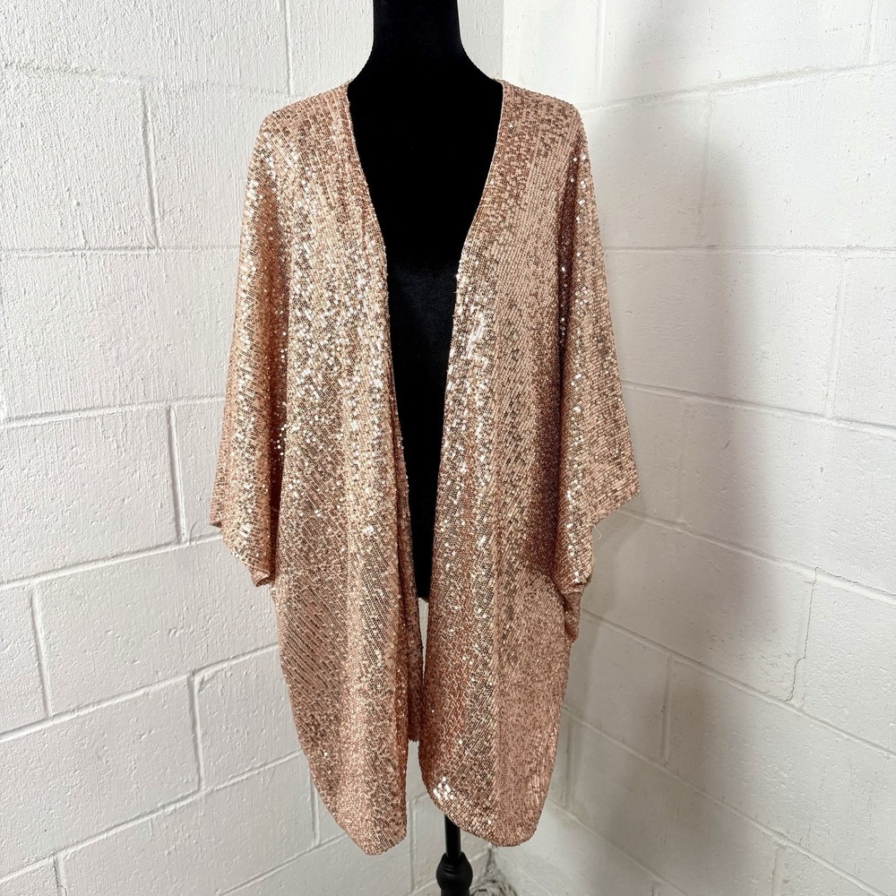 Torrid Sequin Kimono One Size Rose Gold Asymmetric Hem Sparkly Glam Wedding Gala